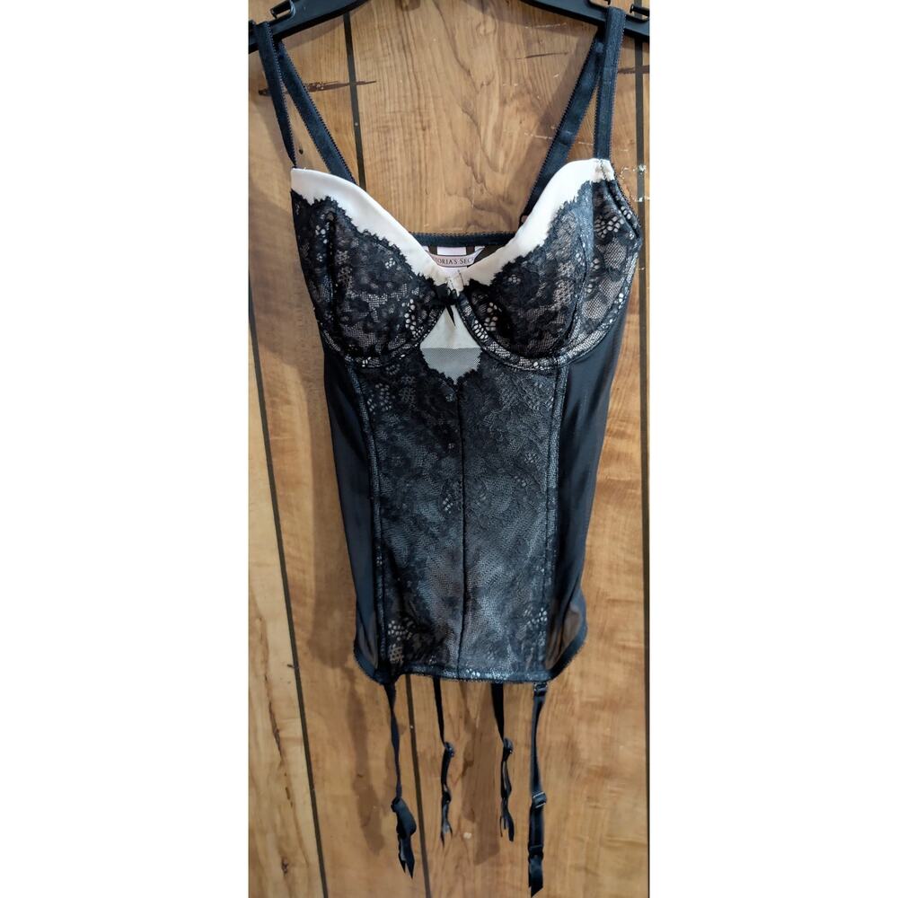 Victoria's Secret 34C Corset Longline Bra Lace Garters Black Nude Sexy Lingerie